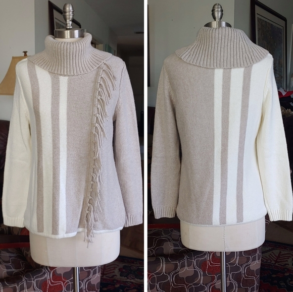 Chico's Colorblock Ivory Taupe Fringe-Trim Pullover Knit Cowl Neck Sweat… - Picture 3 of 8